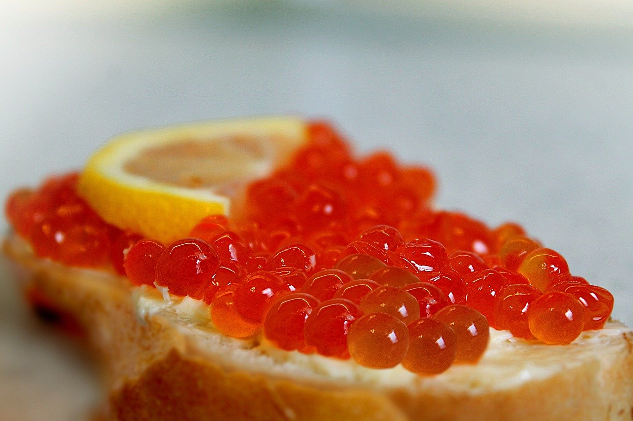 red caviar, seafood, a sandwich